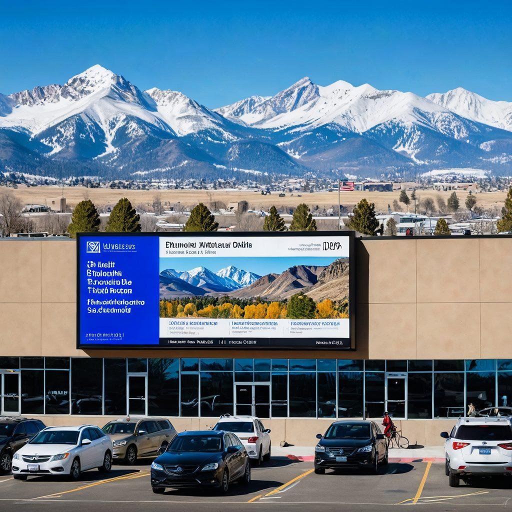 A vibrant landscape showcasing the Colorado mountains with a modern DMV building in the foreground. Include cars symbolizing various services like renewals and registrations, and a digital display board with headlines of essential DMV news. The scene should be bustling with diverse people engaging in DMV services under a bright blue sky. Incorporate elements that represent Colorado's culture, like outdoor activities or local wildlife. super-realistic. vibrant colors.