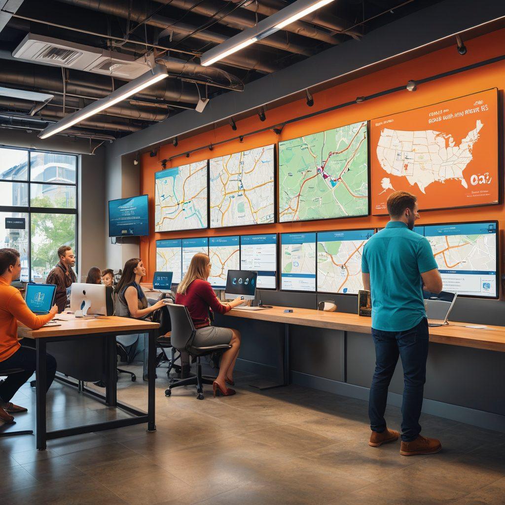 A bustling DMV office with diverse people interacting with friendly staff, a large digital map showing various DMV locations, and images of online services being used on smartphones. Brightly colored signs, clear navigation, and a dashboard filled with vehicle management options enhance the atmosphere. super-realistic. vibrant colors. digital art.