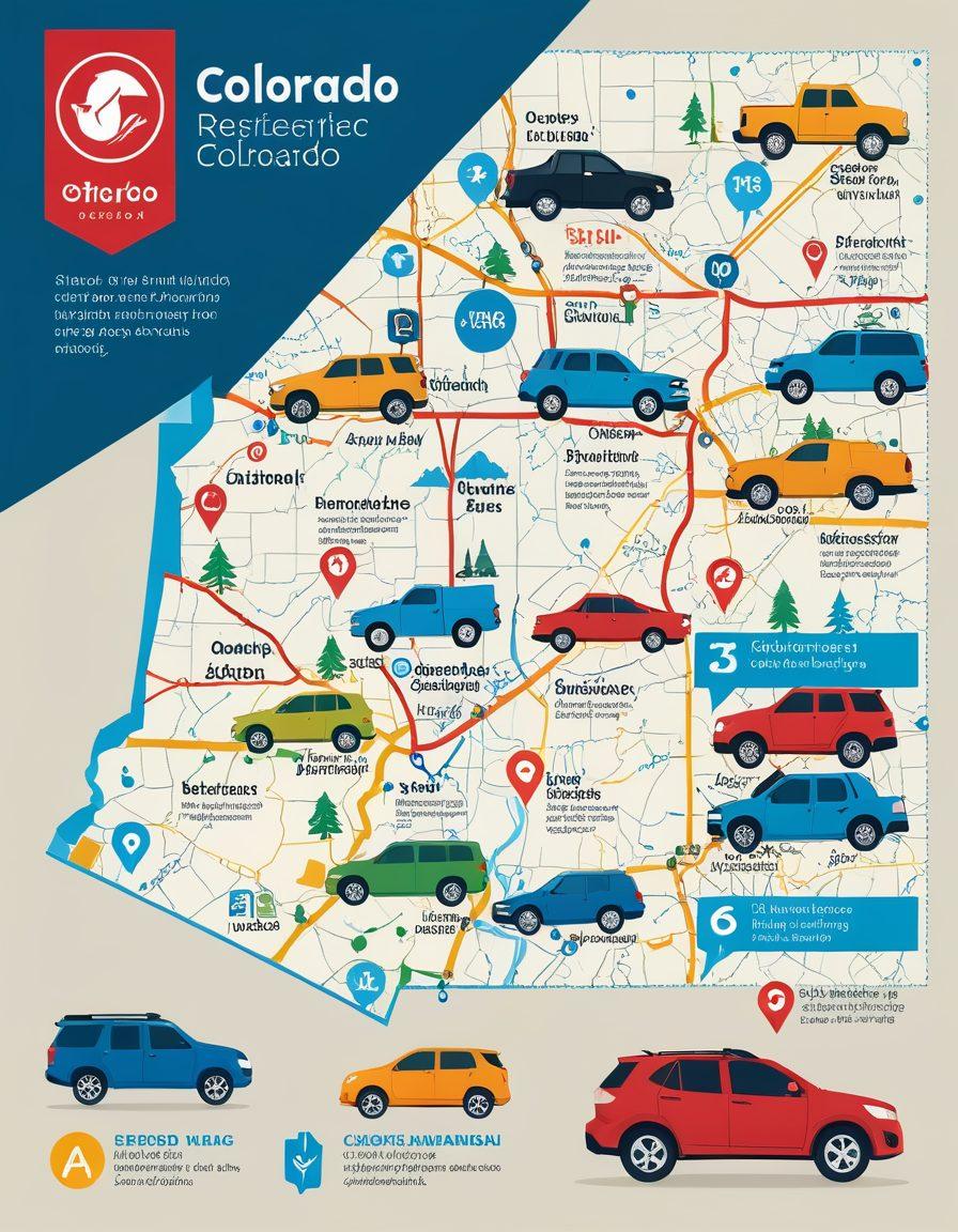 A visually engaging infographic depicting a simplified map of Colorado with various DMV icons (cars, licenses, registration) scattered throughout. Include a friendly, cartoonish character navigating through the map, symbolizing ease of access to vehicle services. Bright colors and clear, easy-to-read fonts should enhance the educational aspect. super-realistic. vibrant colors. modern infographic style.